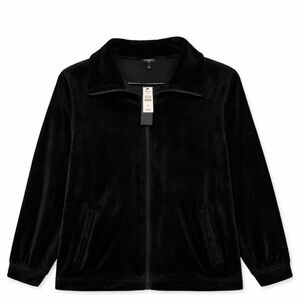 black velour Talbots luxe zip-up jacket | mockneck velour zip up track jacket